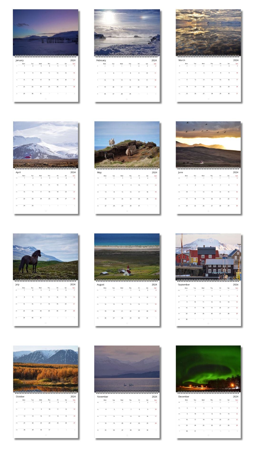 Icelandic Landscape Calendar 2024 (US & CA)